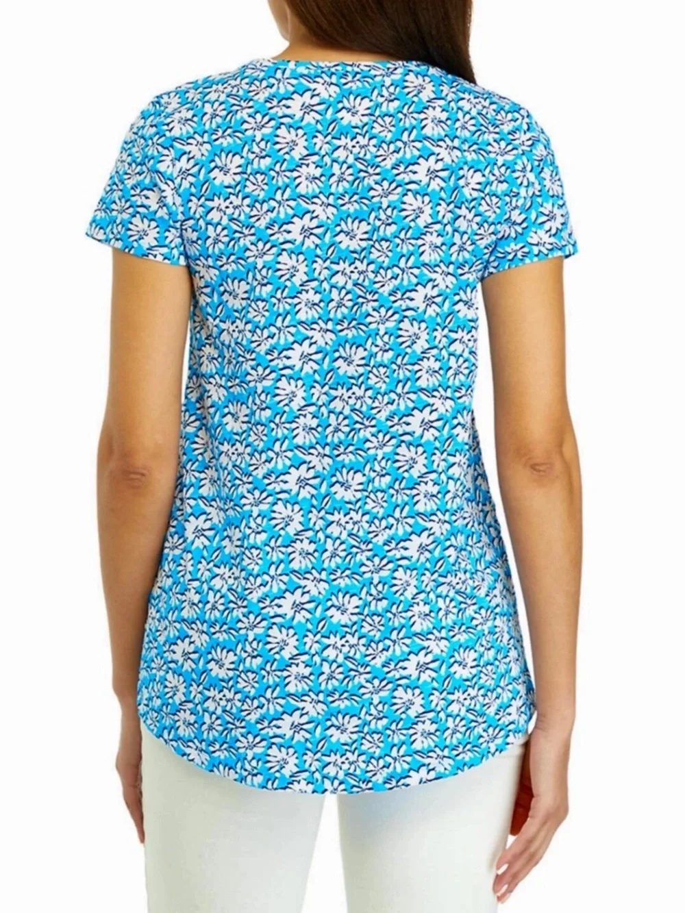 Lilly Pulitzer Top Women's M Luna Blue Etta V-Neck Cotton Tee Palm Beach Petals